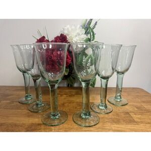 Vintage Hand‎ Blown Green Stem Wine Glasses Set MCM Bar Cart Holiday Barware